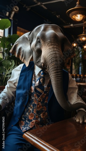 Anthropomorphic Elephant Enjoying a Beer in a Classic Mens Dress at an Old  Dark Pub