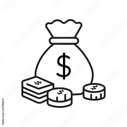 Pile of money near money bag. Budget, investment profit and income concept. Vector illustration