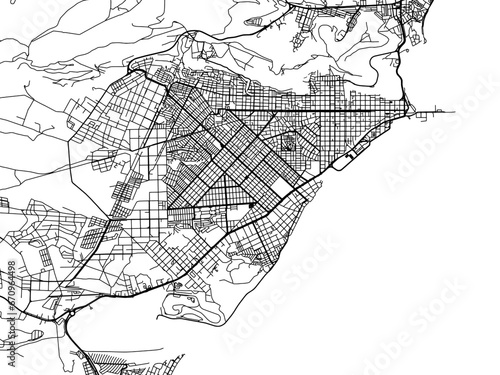 Vector road map of the city of  Comodoro Rivadavia in Argentina with black roads on a white background.