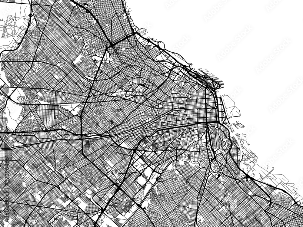 Vector road map of the city of  Buenos Aires in Argentina with black roads on a white background.