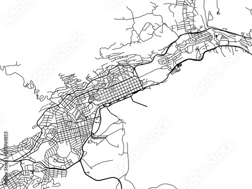 Vector road map of the city of  Ushuaia in Argentina with black roads on a white background.