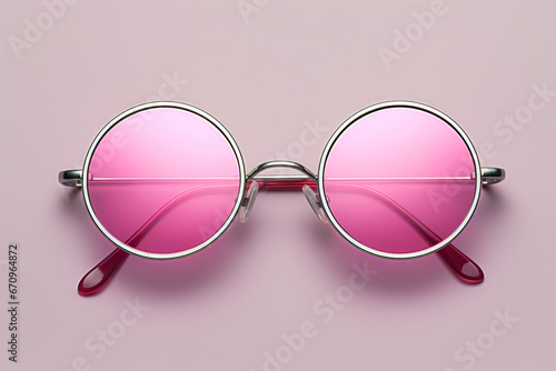 Pair of pink sunglasses on pink background with reflection of the lens.