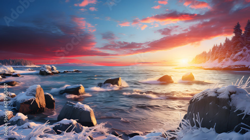 Witness an epic winter sunrise as it illuminates icy shores with a golden glow. This highly detailed background promises to ignite your creativity.