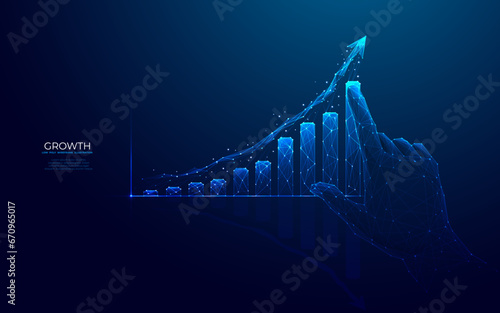 Abstract growth graph chart. Digital hand pointing arrow up and histogram bar. Column chart. Success business and career growth concept. Low poly wireframe vector illustration in futuristic blue style
