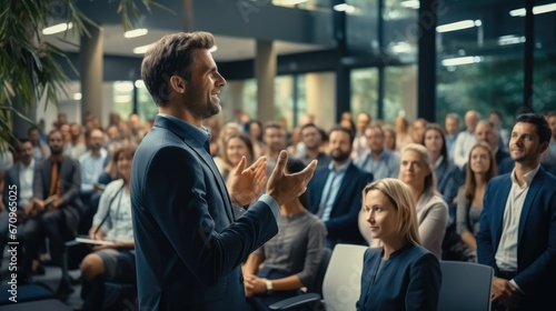 Business People Applauding and Smiling, Startup CEO Gesturing And Pitching Innovative Product Or Service to Room Full of Diverse Investors. photo