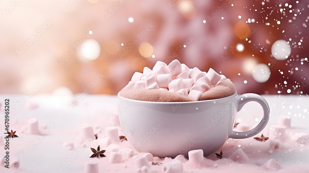 In pink tones, a cup of coffee latte or cocoa with marshmallows on the table. In pink tones, a cup of coffee latte or cocoa with marshmallows on the table.