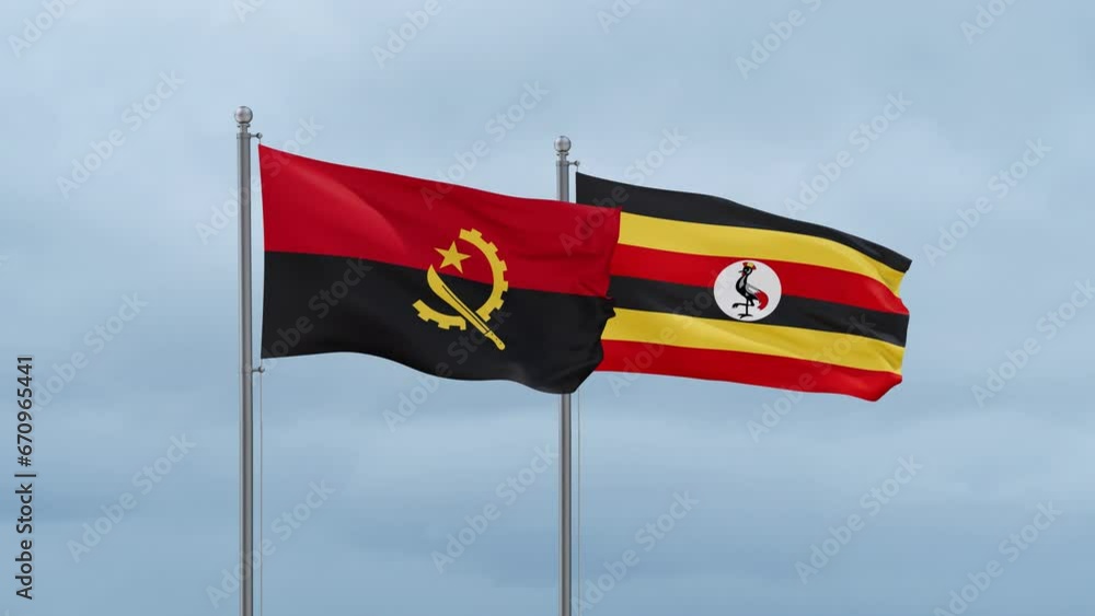 Republic of Uganda and Angola flag waving together on cloudy sky, endless seamless loop, two country cooperation concept Republic of Uganda and Angola flag waving together on cloudy sky, endless seamless loop, two country cooperation concept