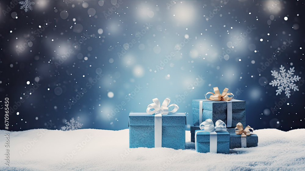 Blue gift boxes with ribbons and bows on a snowy winter background. Free space for product placement or advertising text. Blue gift boxes with ribbons and bows on a snowy winter background. Free space for product placement or advertising text.