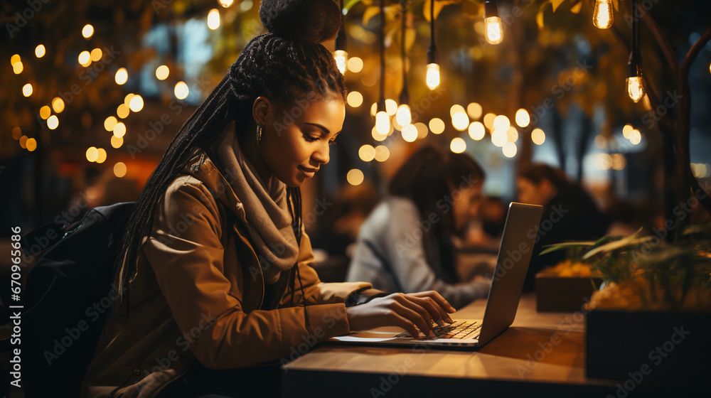 Obraz premium Freelancer or student typing on laptop at workplace. A woman works in a cafe. Bokeh effect. AI generative