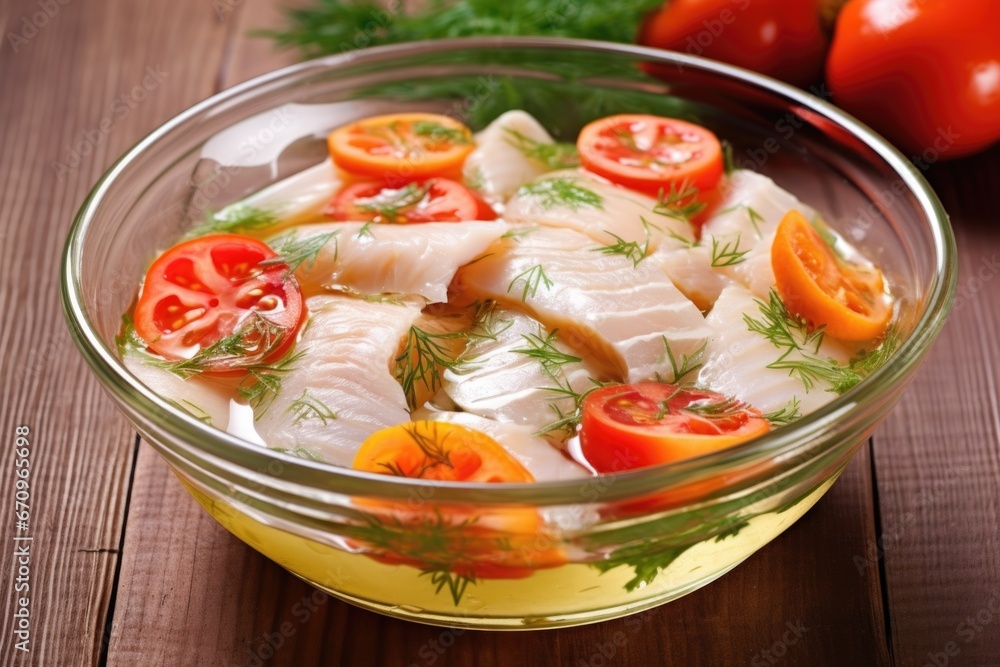 fresh marinated fish fillets in a glass bowl fresh marinated fish fillets in a glass bowl