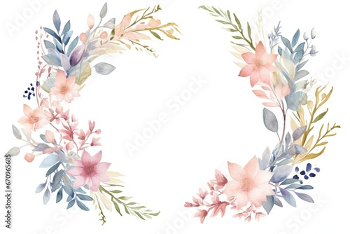 Watercolor Floral Wreath with Pink  Blue  and Purple Flowers on White Background