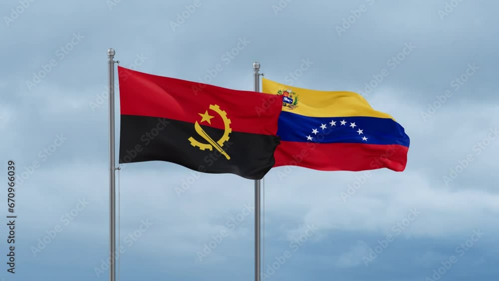 Venezuela and Angola flag waving together on cloudy sky, endless seamless loop Venezuela and Angola flag waving together on cloudy sky, endless seamless loop