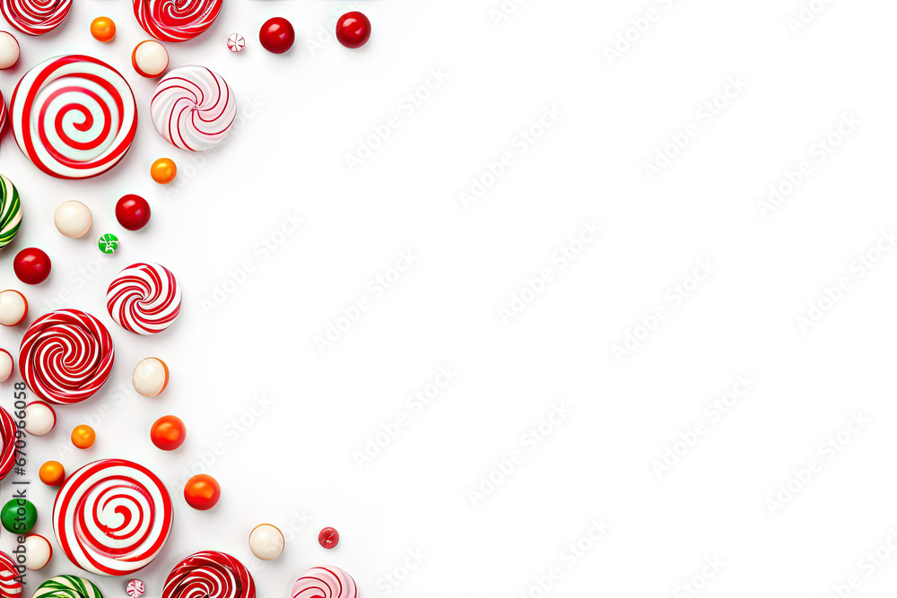 Swirled round lollipops and dragee candies on a white background. Free space for product placement or advertising text.