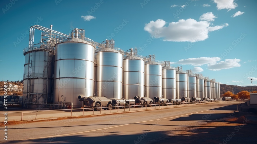 Large storage tanks and silos used for storing raw materials in rural setting.