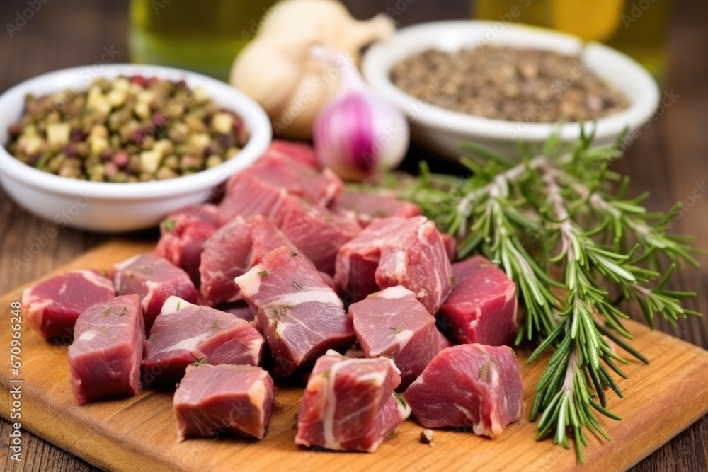 chunks of raw lamb rubbed delicately with garlic and rosemary chunks of raw lamb rubbed delicately with garlic and rosemary