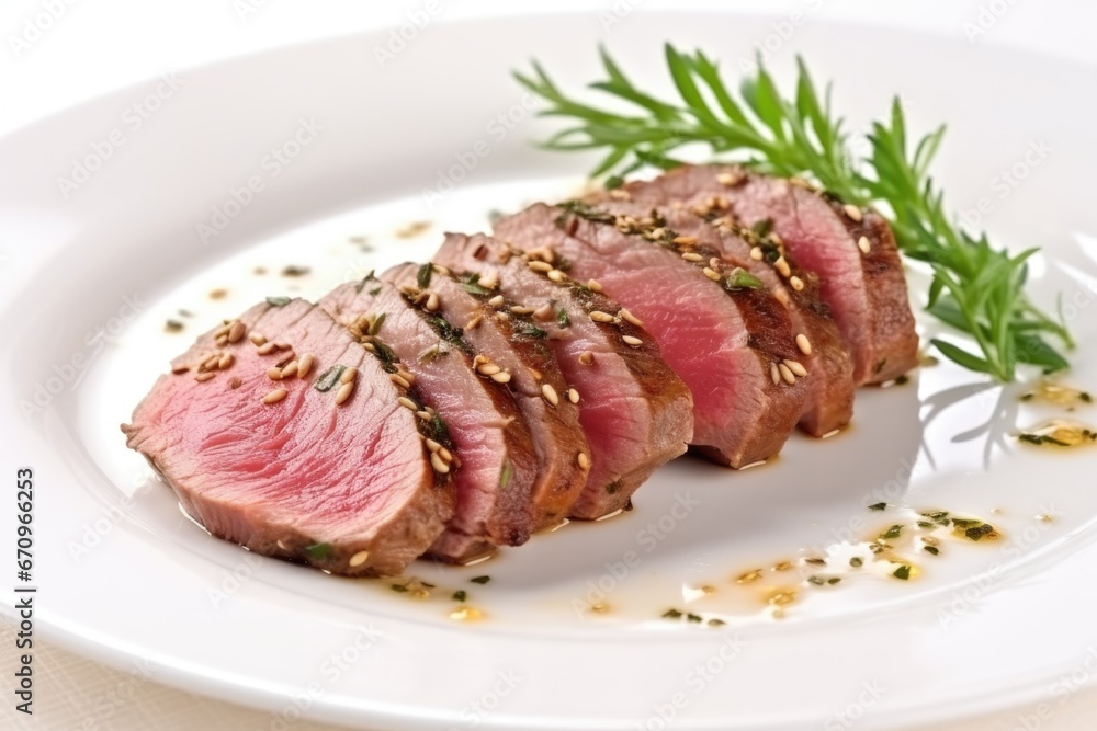 seasoned lamb fillet on a white porcelain plate, close-up