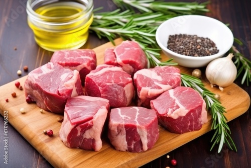 chunks of raw lamb rubbed delicately with garlic and rosemary