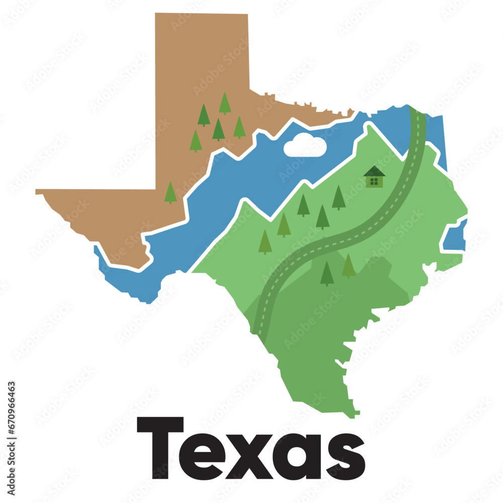Texas map shape of states cartoon style with forest tree and river landscape graphic illustration