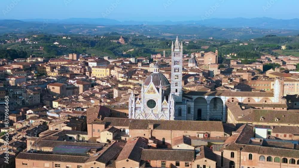Smooth aerial top view flight drone. Siena Brick building old town Tuscany Italy Smooth aerial top view flight drone. Siena Brick building old town Tuscany Italy