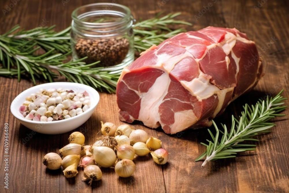sliced garlic cloves next to a rosemary-sprinkled lamb roast sliced garlic cloves next to a rosemary-sprinkled lamb roast