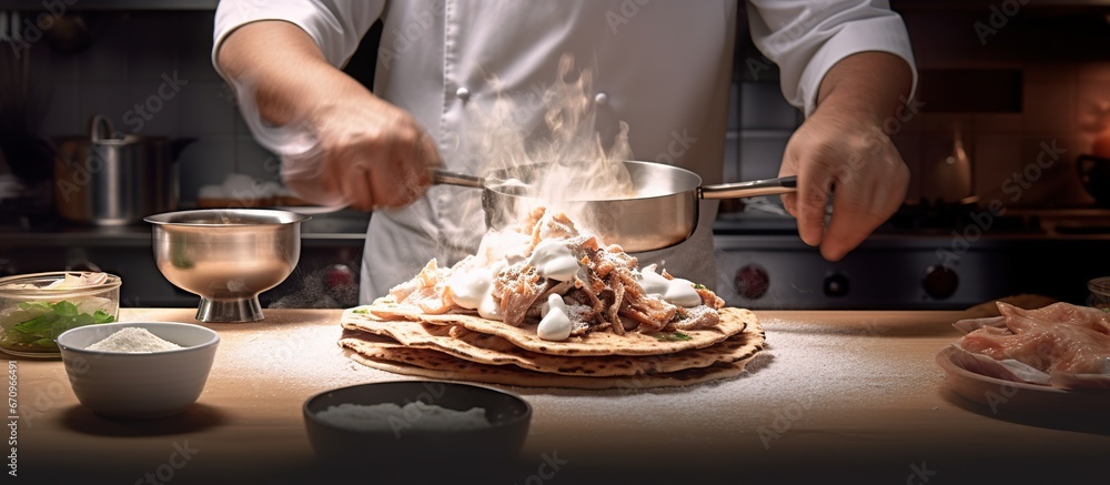 Chef is cooking Gyros with Tzatziki at home Chef is cooking Gyros with Tzatziki at home