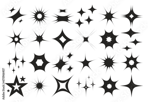 Retro futuristic sparkle icons collection. Templates for design  posters  projects  banners  logo  and business cards. Set of star shapes. Abstract cool shine effect sign vector design.