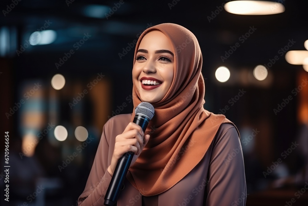 Muslim business woman conference speaker giving talk at conference event