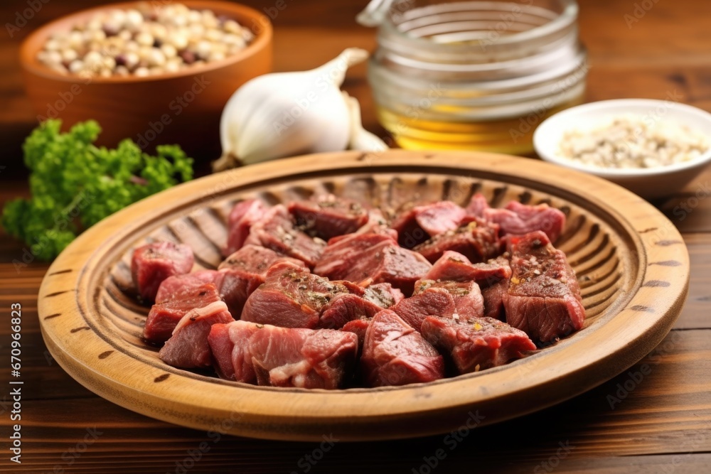 ceramic dish with steak tips and garlic heads ceramic dish with steak tips and garlic heads
