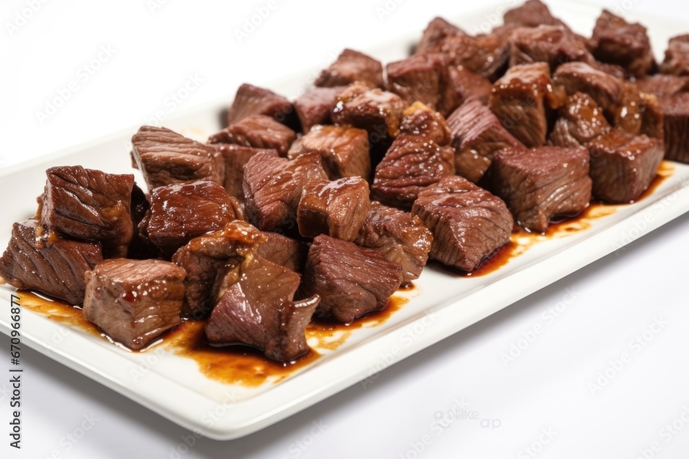 garlic bbq steak tips on a gourmet white platter garlic bbq steak tips on a gourmet white platter