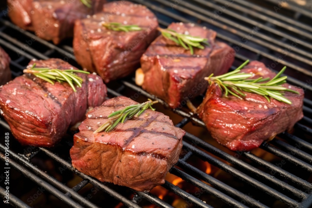 bbq steak tips on a grill with garlic and rosemary