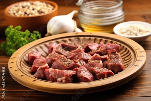 ceramic dish with steak tips and garlic heads