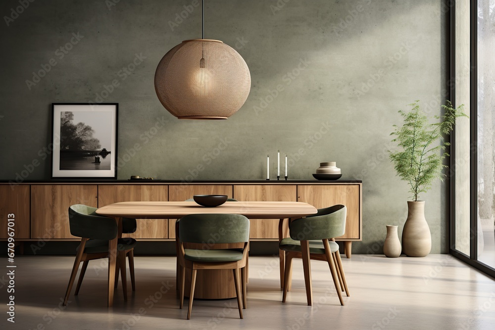 Interior design of modern dining room, wooden table against green wall 3d rendering