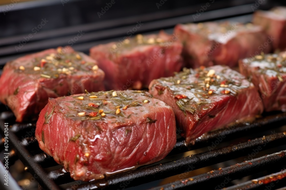 steak tips on bbq grill covered in garlic marinade