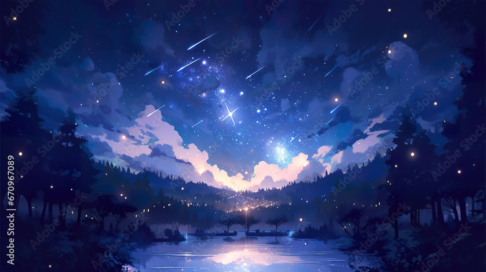 a beautiful magical landscape illustration of a night full of stars at a lake, anime manga artwork - obrazy, fototapety, plakaty 