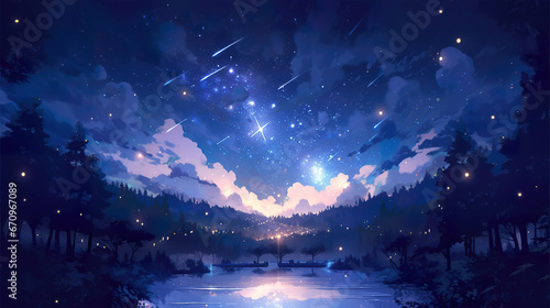 a beautiful magical landscape illustration of a night full of stars at a lake, anime manga artwork photo