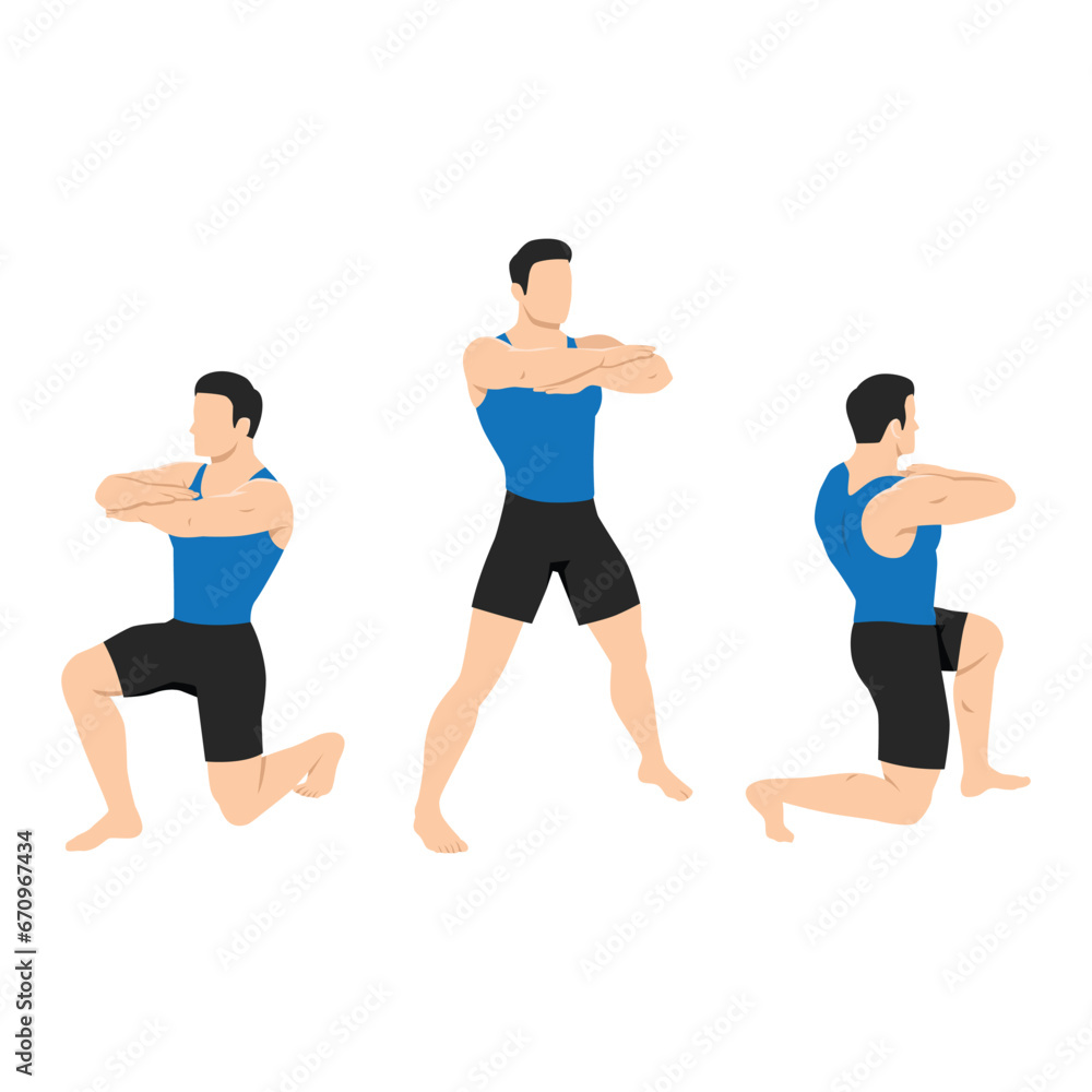 Man doing 90 degree turning lunge or rotation lunges exercise. Flat vector illustration isolated on white background Man doing 90 degree turning lunge or rotation lunges exercise. Flat vector illustration isolated on white background