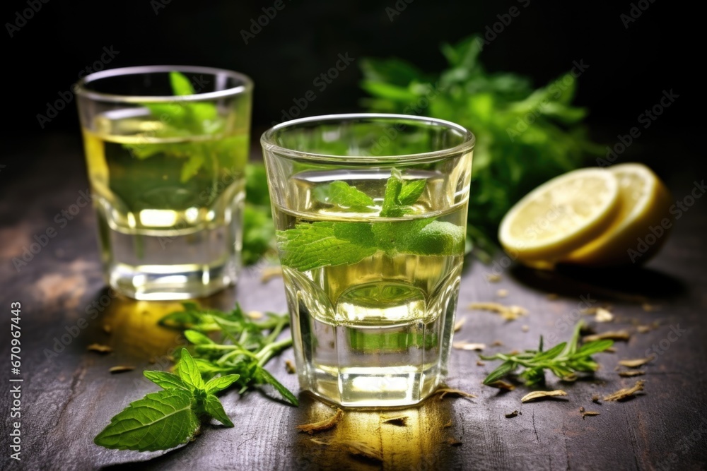 glassware with botanical-infused gin on a dark stone table glassware with botanical-infused gin on a dark stone table