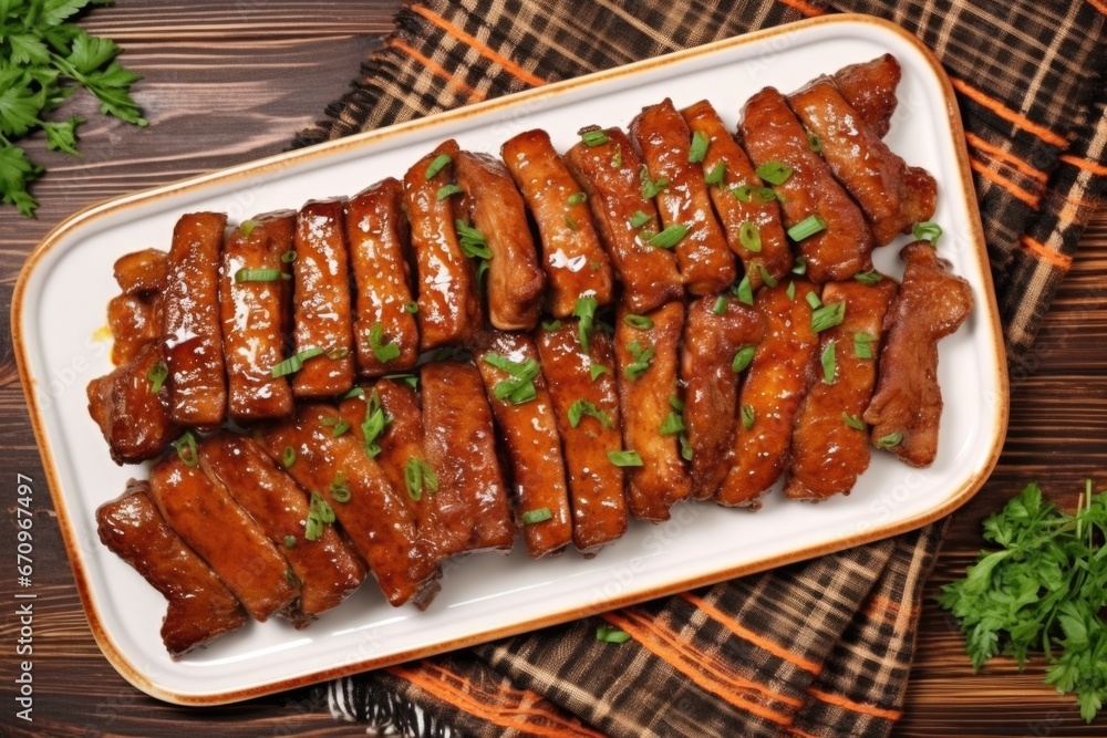 overhead shot of glazed pork ribs on a square plate overhead shot of glazed pork ribs on a square plate