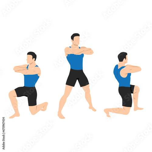 Man doing 90 degree turning lunge or rotation lunges exercise. Flat vector illustration isolated on white background