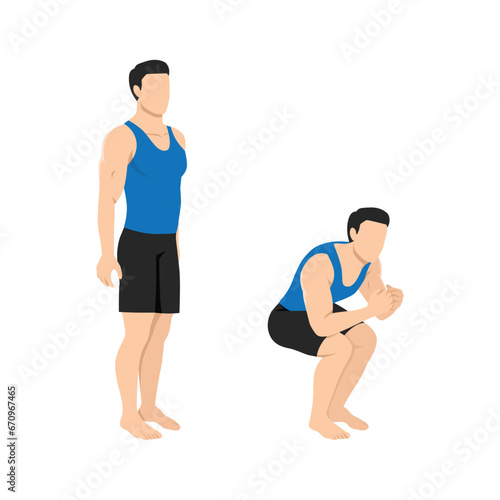 Man doing narrow air squat exercise. Flat vector illustration isolated on white background