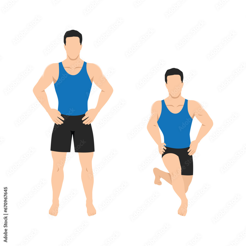 Man doing cross back lunges exercise. Flat vector illustration isolated on white background Man doing cross back lunges exercise. Flat vector illustration isolated on white background
