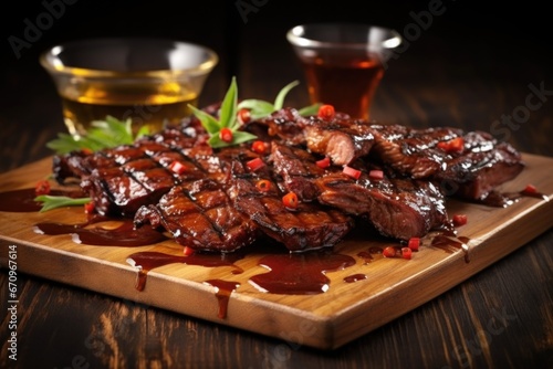 glazed pork ribs with spicy barbecue sauce dripping off