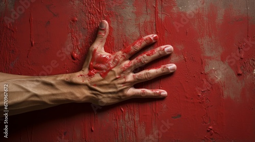 Hand in red paint. Dirty Hand isolated on solid background