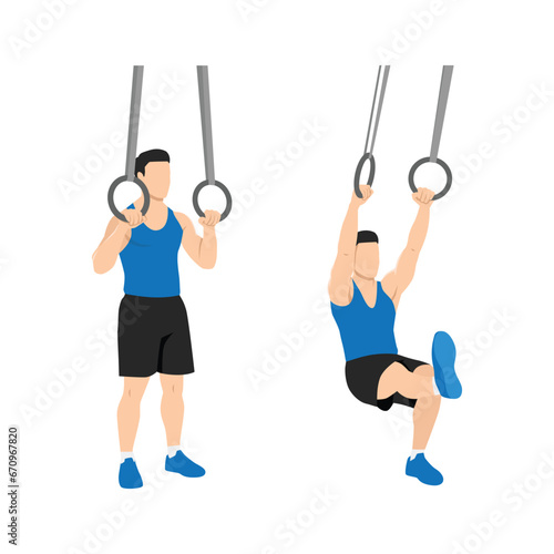 Man doing ring supported pistol squat exercise. Flat vector illustration isolated on white background