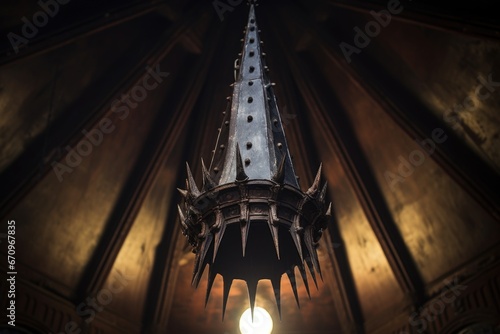 spiky iron lamp hanging below a gothic revival battlement