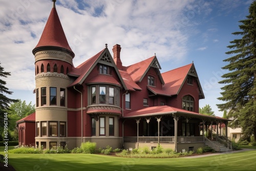 rear view of a grand gothic revival house featuring battlements photo