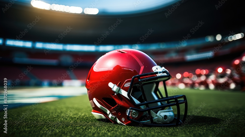 Red American football helmet with a background of an American football stadium. - obrazy, fototapety, plakaty 