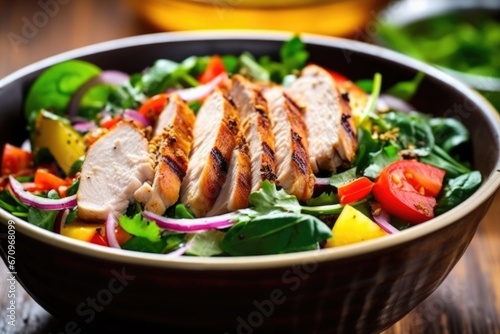 close up of a salad with colorful vegetables and grilled chicken