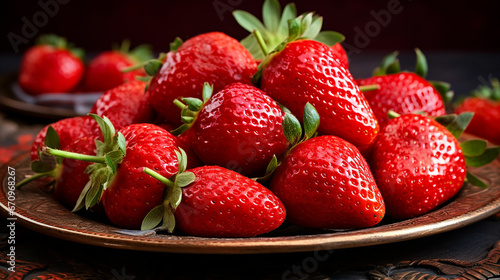 Ripe Red Strawberries on a plate. Fresh Strawberry closeup. Made with generative ai