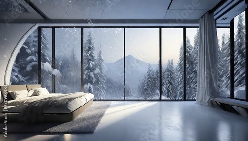 Cold futuristic empty room in the mountains in the winter. AI